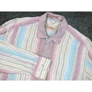Tommy Bahama‎ Shirt Mens Large Red Blue Stripes Linen